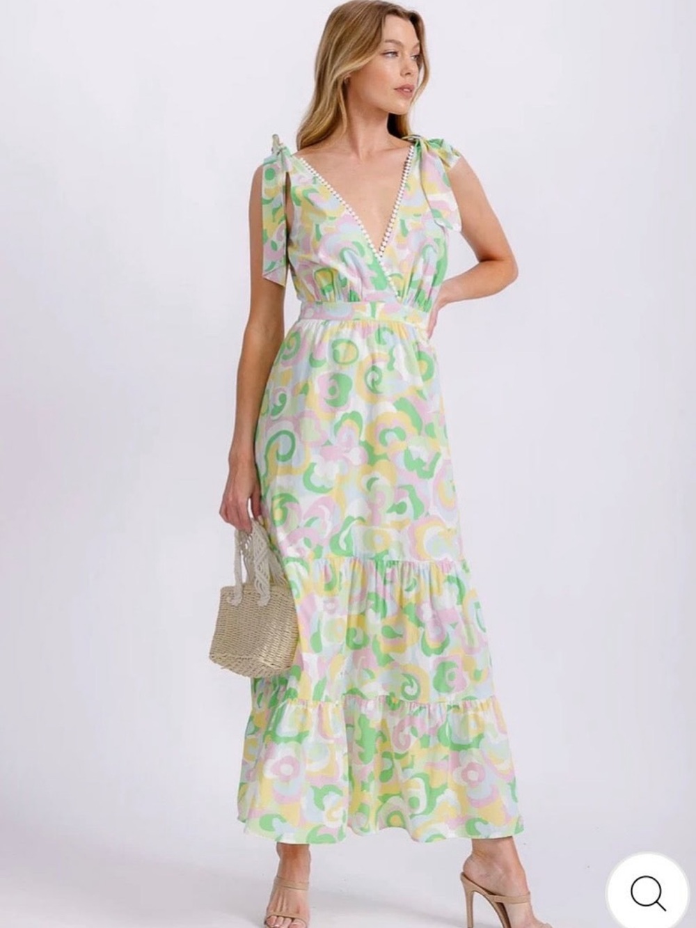 Pastel Swirl Tie-Shoulder Maxi Dress - Mint & Pink - Rubienn